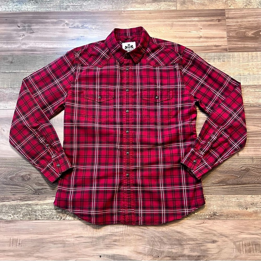 Express Mens Western Button Up Shirt Sz L Black Pearl Snap Black Red Plaid